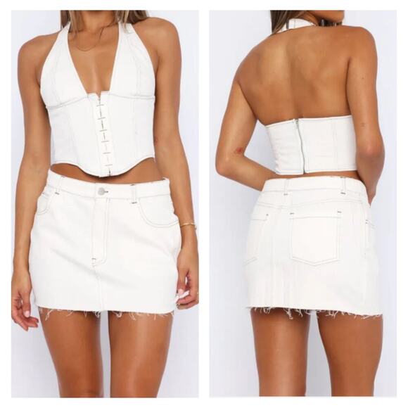 WHITE FOX Power Hour Denim Mini Skirt /  Secret Identity Bustier Top Off-White M - Picture 1 of 16